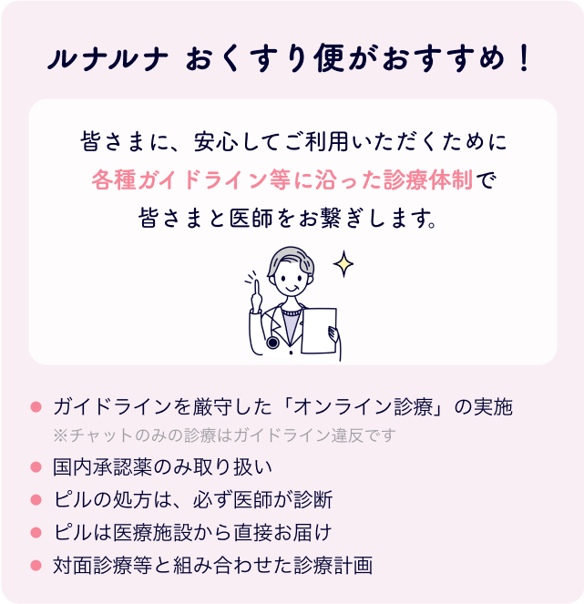 ルナルナ おくすり便がおすすめ！皆さまに、安心してご利用いただくために各種ガイドライン等に沿った診療体制で皆さまと医師をお繋ぎします。ガイドラインを厳守した「オンライン診療」の実施※チャットのみの診療はガイドライン違反です 国内承認薬のみ取り扱い ピルの処方は、必ず医師が診断 ピルは医療施設から直接お届け 対面診療等と組み合わせた診療計画